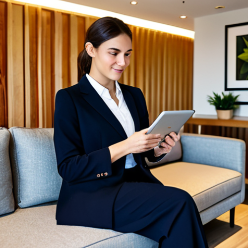 Home 6 A professional female guest, fully clothed in a modest business casual outfit, sits comfortably in a stylish hotel lounge, subtly admiring a piece of local artwork on the wall. The lounge features warm lighting, natural wood elements, and plants, creating a welcoming and authentic atmosphere. She holds a tablet, discreetly accessing hotel services. Perfect anatomy, correct proportions, natural pose, well-formed hands, proper finger count, natural body proportions, professional dress, appropriate attire, safe for work, appropriate content, family-friendly, high quality, professional photography.