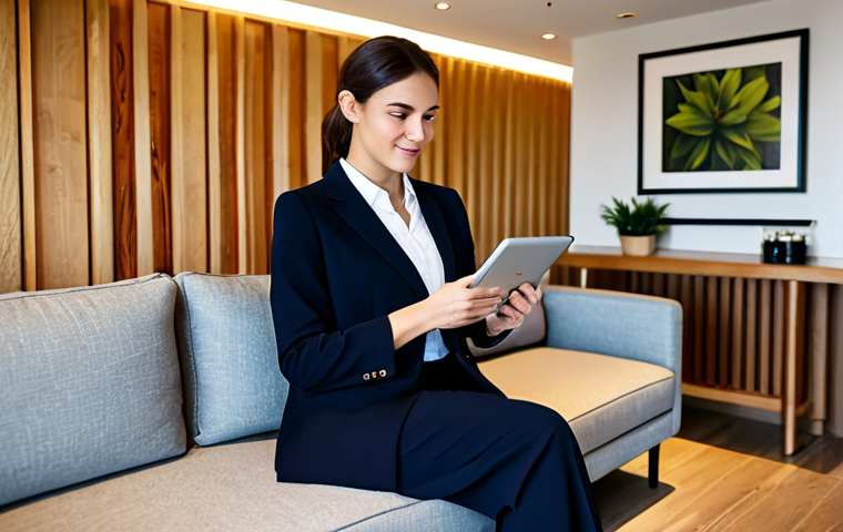 A professional female guest, fully clothed in a modest business casual outfit, sits comfortably in a stylish hotel lounge, subtly admiring a piece of local artwork on the wall. The lounge features warm lighting, natural wood elements, and plants, creating a welcoming and authentic atmosphere. She holds a tablet, discreetly accessing hotel services. Perfect anatomy, correct proportions, natural pose, well-formed hands, proper finger count, natural body proportions, professional dress, appropriate attire, safe for work, appropriate content, family-friendly, high quality, professional photography.