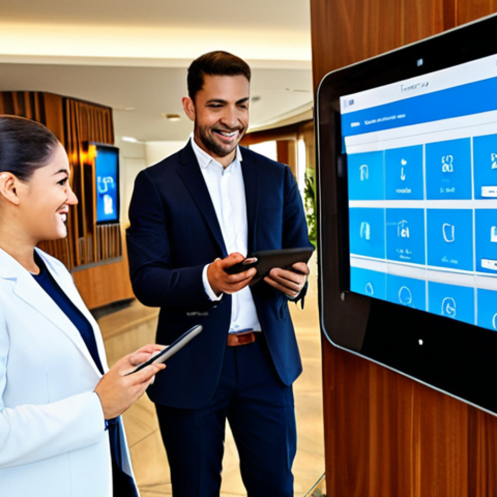 Digital Hotel Management**

"A bright, modern hotel lobby bustling with activity, showcasing seamless integration of technology. Guests are checking in via tablet kiosks while staff assist with handheld devices. The background features a large digital display showing real-time booking data and guest satisfaction scores. Fully clothed staff in professional attire are interacting positively with guests. Perfect anatomy, correct proportions, natural pose, well-formed hands, proper finger count, natural body proportions, safe for work, appropriate content, fully clothed, professional, modest, family-friendly."

**