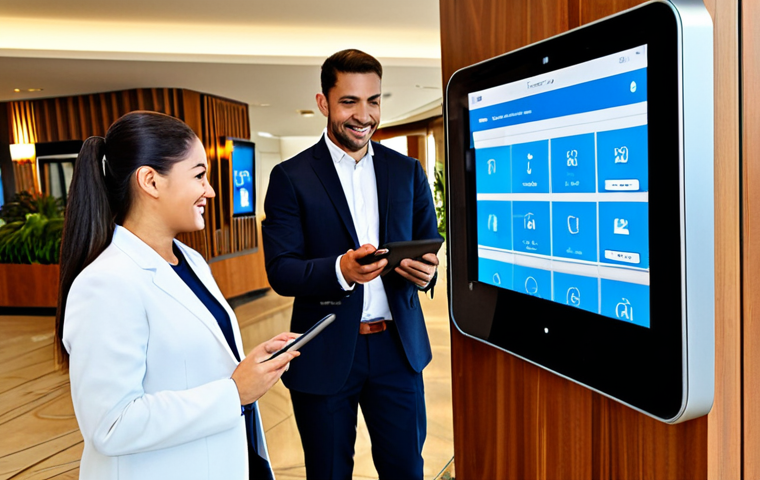 Digital Hotel Management**
"A bright, modern hotel lobby bustling with activity, showcasing seamless integration of technology. Guests are checking in via tablet kiosks while staff assist with handheld devices. The background features a large digital display showing real-time booking data and guest satisfaction scores. Fully clothed staff in professional attire are interacting positively with guests. Perfect anatomy, correct proportions, natural pose, well-formed hands, proper finger count, natural body proportions, safe for work, appropriate content, fully clothed, professional, modest, family-friendly."
**