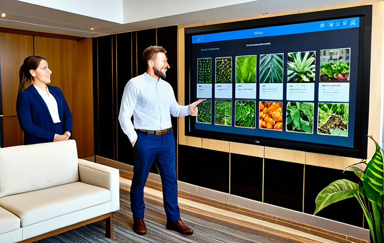 Hotel Management & Technology**
"A modern hotel lobby featuring a diverse group of professionals collaborating around a large touchscreen display showcasing hotel management software. The scene includes elements of sustainability, such as indoor plants and energy-efficient lighting. Everyone is fully clothed in professional attire. Emphasis on perfect anatomy, correct proportions, and well-formed hands. Safe for work, appropriate content, professional, family-friendly, high quality, natural pose, modest clothing."
**
