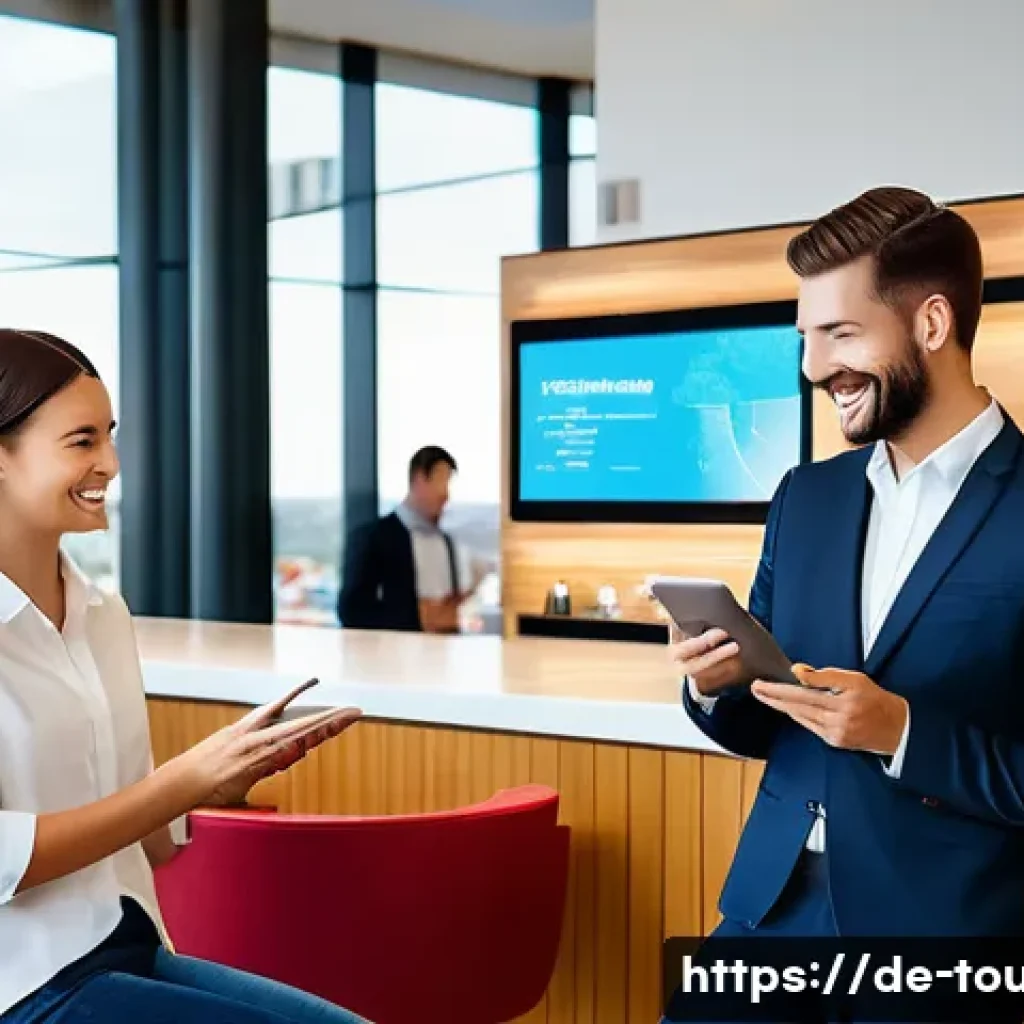 호텔 관광 경영에서의 마케팅 관리 - **Prompt 1: Modern Hotel Lobby with Digital Integration and Welcoming Staff**
    A brightly lit, sp...