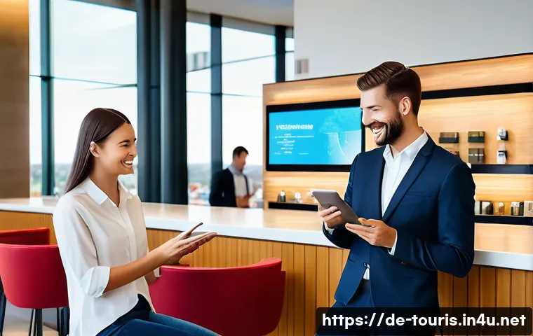 호텔 관광 경영에서의 마케팅 관리 - **Prompt 1: Modern Hotel Lobby with Digital Integration and Welcoming Staff**
    A brightly lit, sp...