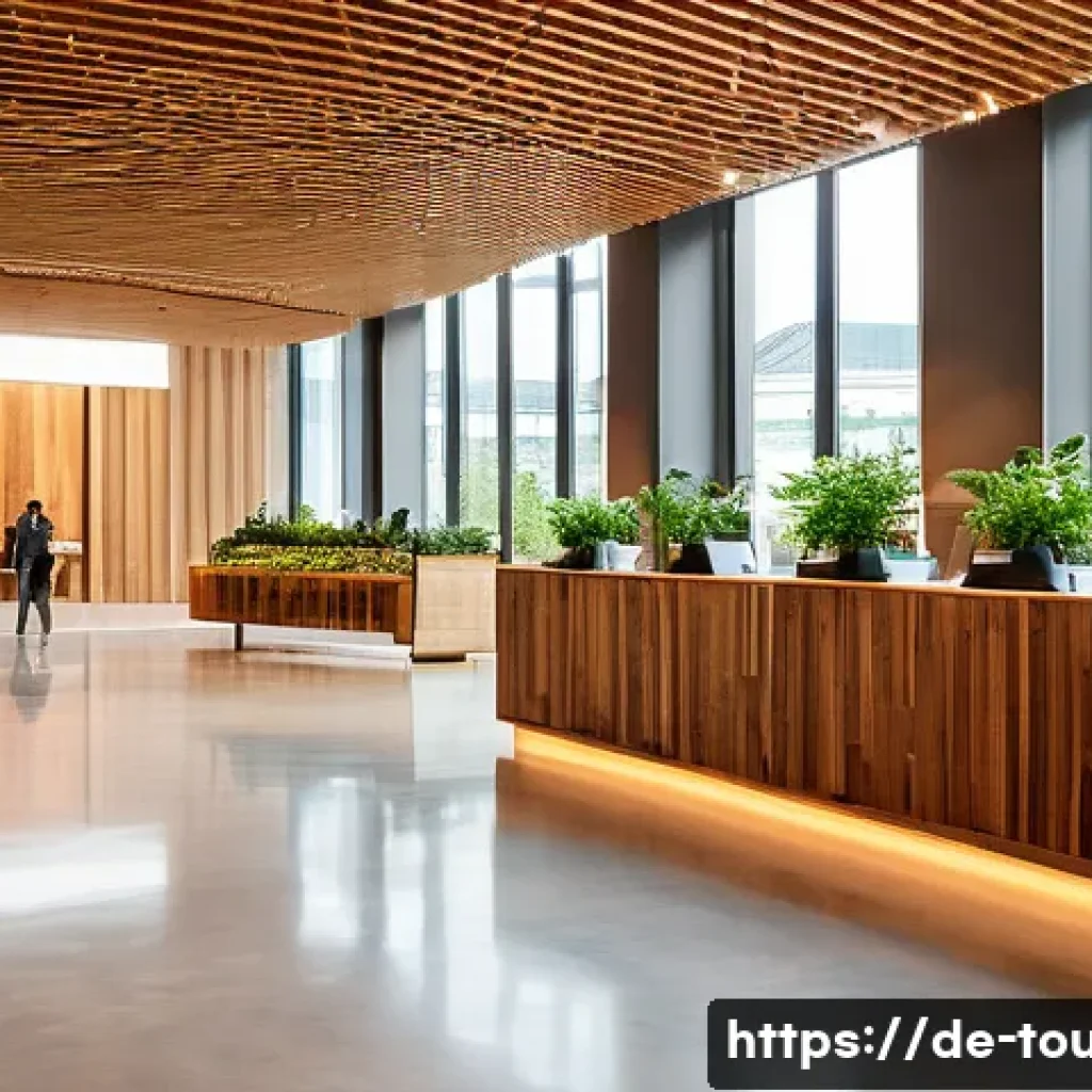 호텔 관광 산업 트렌드 - A modern sustainable hotel lobby in Germany, featuring eco-friendly design elements such as natural ...