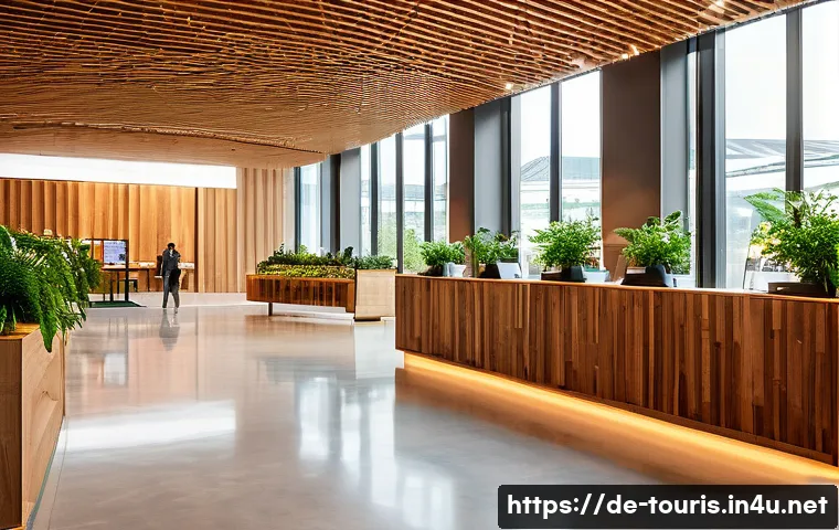 호텔 관광 산업 트렌드 - A modern sustainable hotel lobby in Germany, featuring eco-friendly design elements such as natural ...