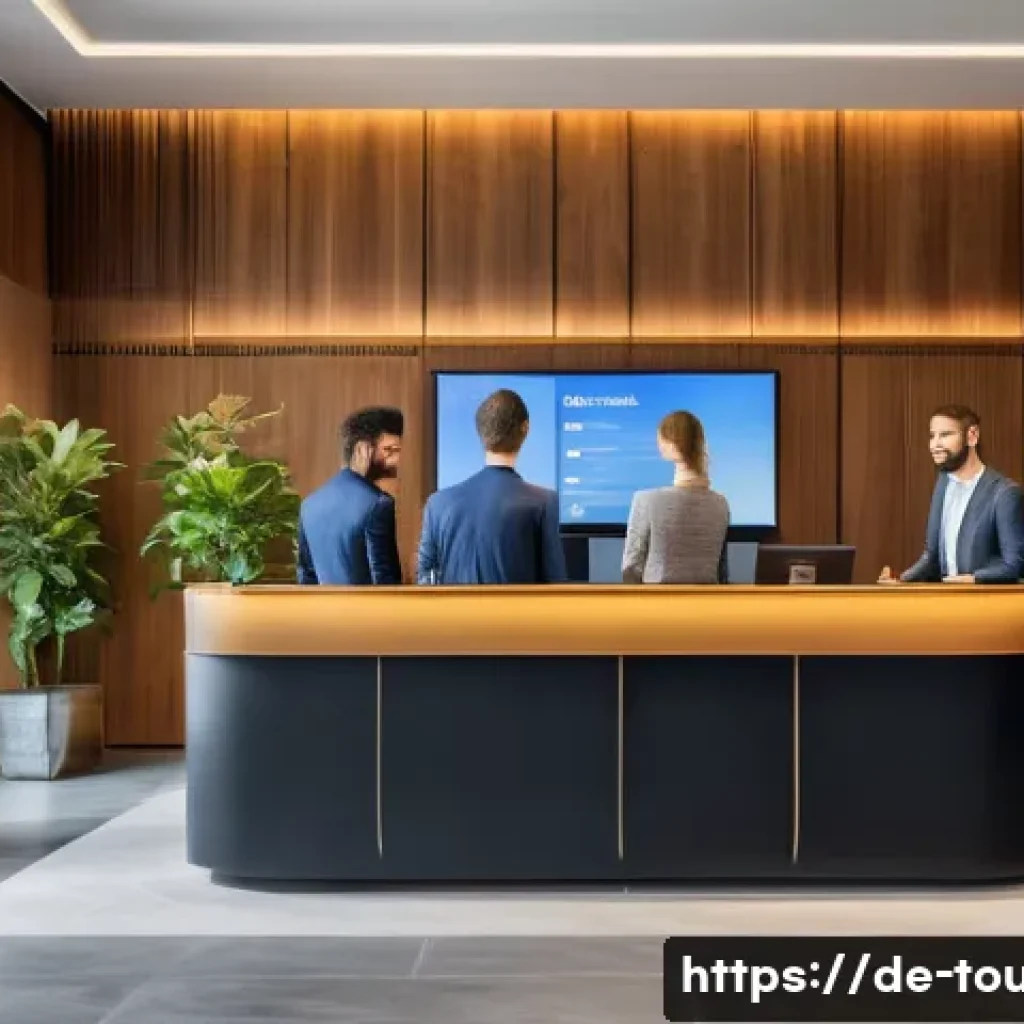호텔 로열티 프로그램 - A modern hotel lobby scene in Germany featuring a diverse group of business and leisure travelers ch...