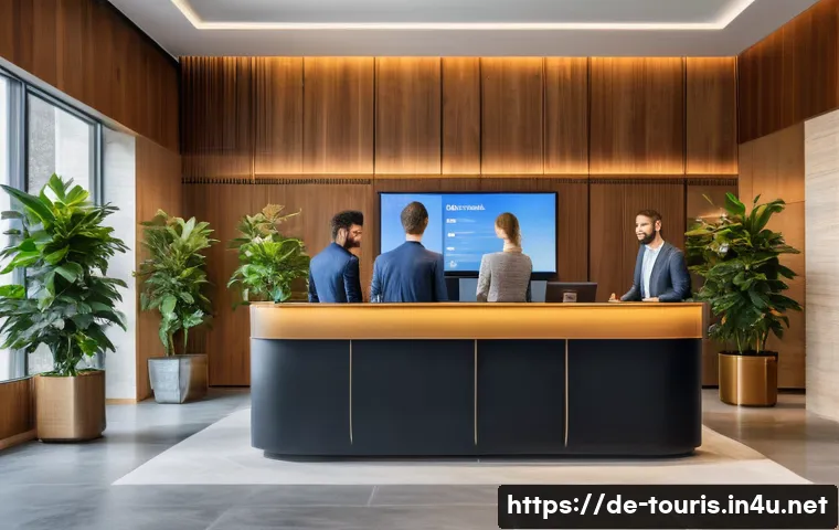 호텔 로열티 프로그램 - A modern hotel lobby scene in Germany featuring a diverse group of business and leisure travelers ch...