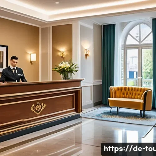 호텔 고객 만족도 향상 - A warm and inviting hotel lobby scene in Germany featuring friendly staff warmly greeting guests by ...