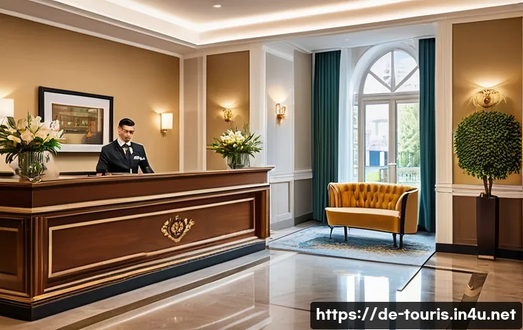 호텔 고객 만족도 향상 - A warm and inviting hotel lobby scene in Germany featuring friendly staff warmly greeting guests by ...