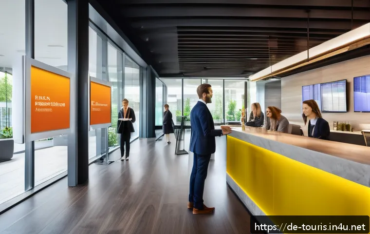 관광학의 현장 경험과 실습 - A vibrant hotel reception scene in Germany, showing a young, professional tourism intern in neat bus...