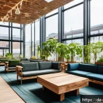 호텔 관광업의 동향 - A modern boutique hotel lobby in Hamburg showcasing sustainable design: interiors made from recycled...