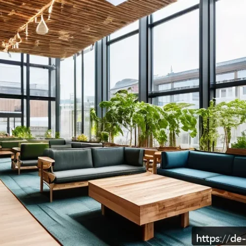 호텔 관광업의 동향 - A modern boutique hotel lobby in Hamburg showcasing sustainable design: interiors made from recycled...