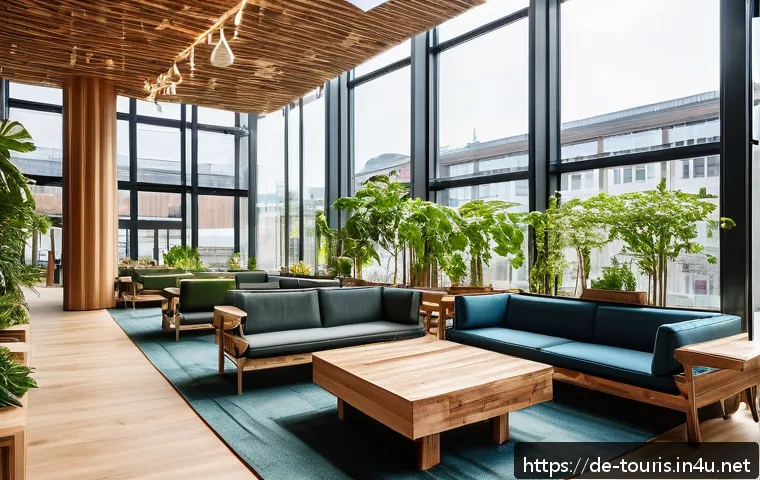 호텔 관광업의 동향 - A modern boutique hotel lobby in Hamburg showcasing sustainable design: interiors made from recycled...