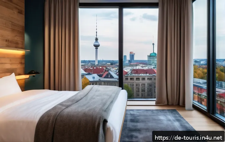 스마트 호텔 - A modern hotel room in Germany featuring smart technology integration: a cozy bed with app-controlle...