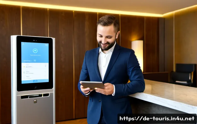 호텔 산업의 정보 기술 혁신 - Photorealistic modern hotel reception in Berlin, friendly concierge using a sleek tablet to assist a...